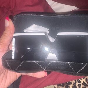 CHANEL Black Lens White Trim Shield Sunglasses